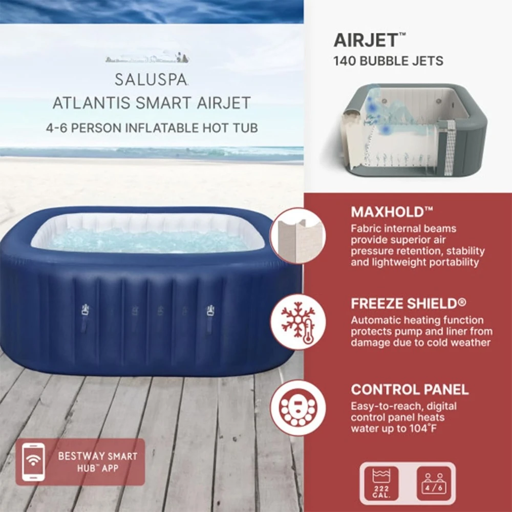 SaluSpa Atlantis AirJet 4 to 6 Person Inflatable Hot Tub Square Portable Outdoor Spa with 140 Soothing Jets with Cover, Blue