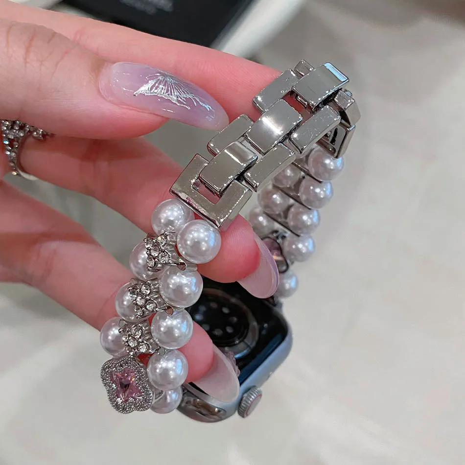 Pearl Four-leaf Clover Zircon Strap for Apple Watch Band Series 10 9 8 7 6 SE 5 4 Ultra iwatch 46mm 42mm 38-49mm Women Bracelet