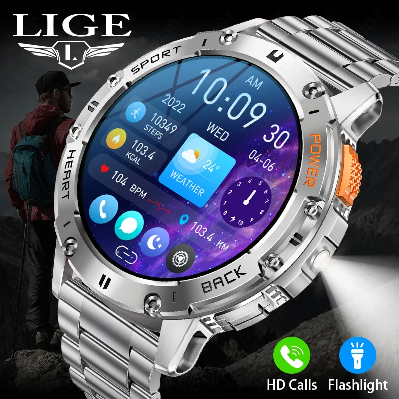 LIGE AMOLED Full Touch Screen Smart Watch Men 530mah Large Battery Ourdoor LED Flashlight Smart Clock BT Call Mens Smart Watches