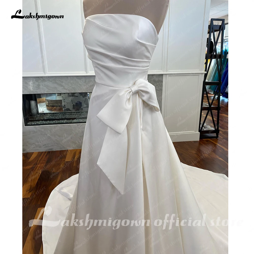 Lakshmigown Pleat A Line Wedding Dresses with bow Side Slit Vestido De Noiva Satin Women Bridal Dresses Factory Custom