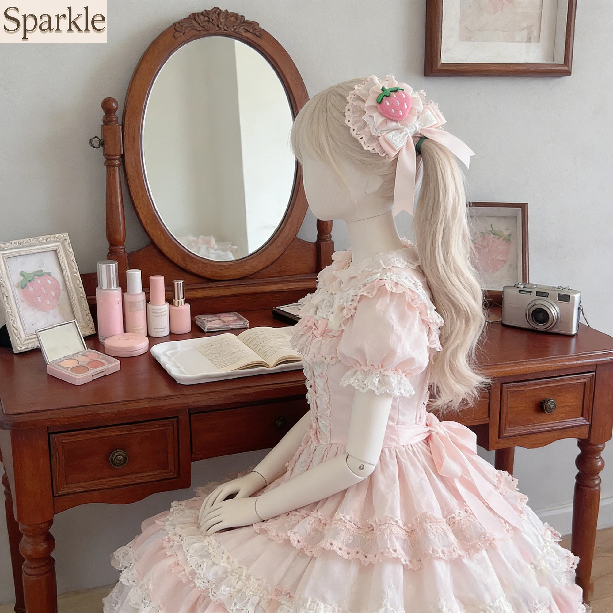 

Sweet Lolita Pink Lace Bow Hair Clip with Strawberry Design Kawaii Cute Hair Ornament for Girls Party Daily Wear Hair Accessory