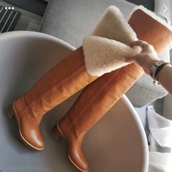 Winter Wool Fur Foldover Top Over The Knee Boots Woman Camel Black Oil Wax Leather Fur Boots Pointed Toe Flats Warm Snow Boots