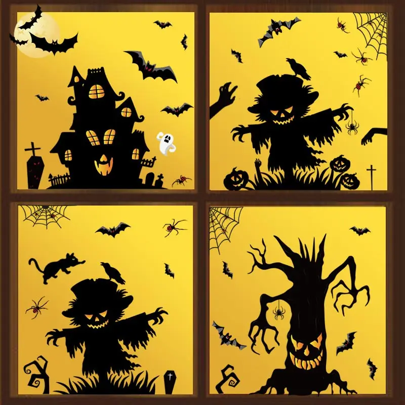 Halloween Pompoen Raamstickers Vleermuis Spookboom Glazen Sticker Happy Halloween Feestdecoratie Pvc Elektrostatische Stickers