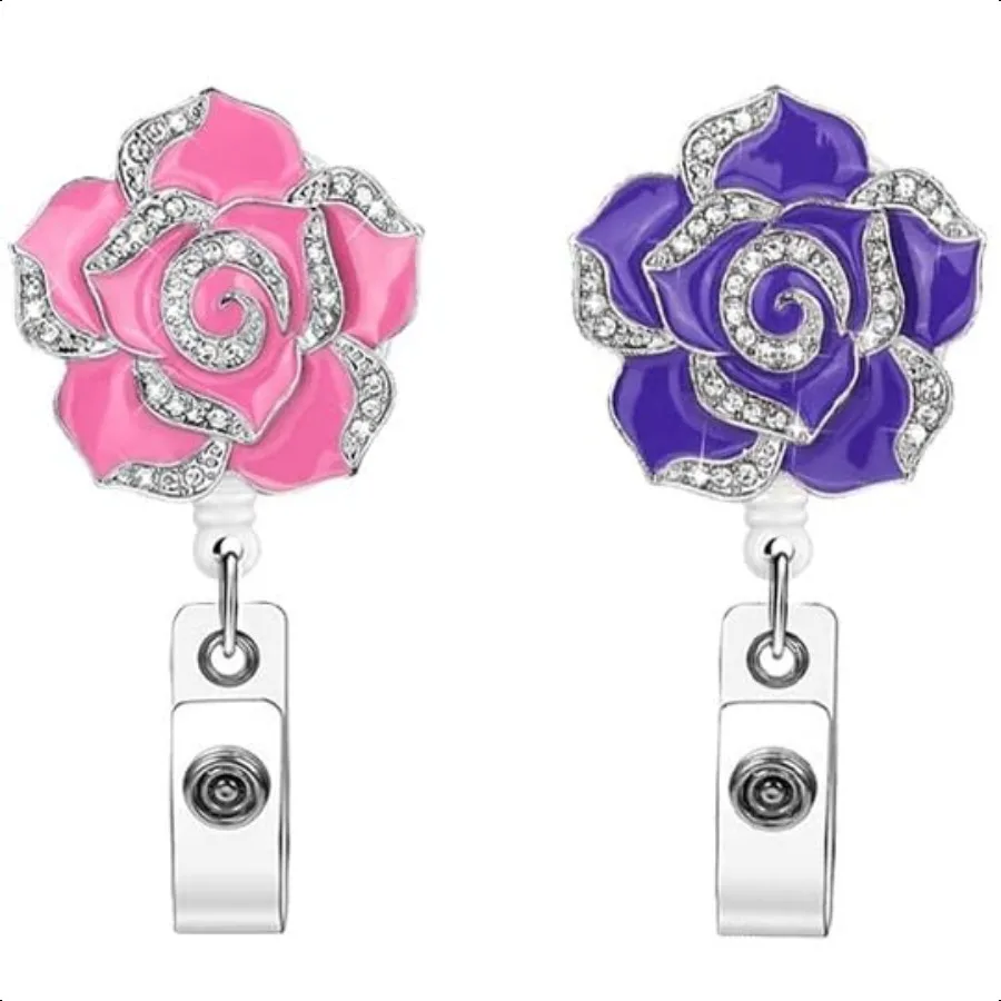 

2PCS Pink Purple Rose Flower Badge Holder Retractable Glitter Diamond Badge Reel ID Badge Holder with Alligator Clip for Office