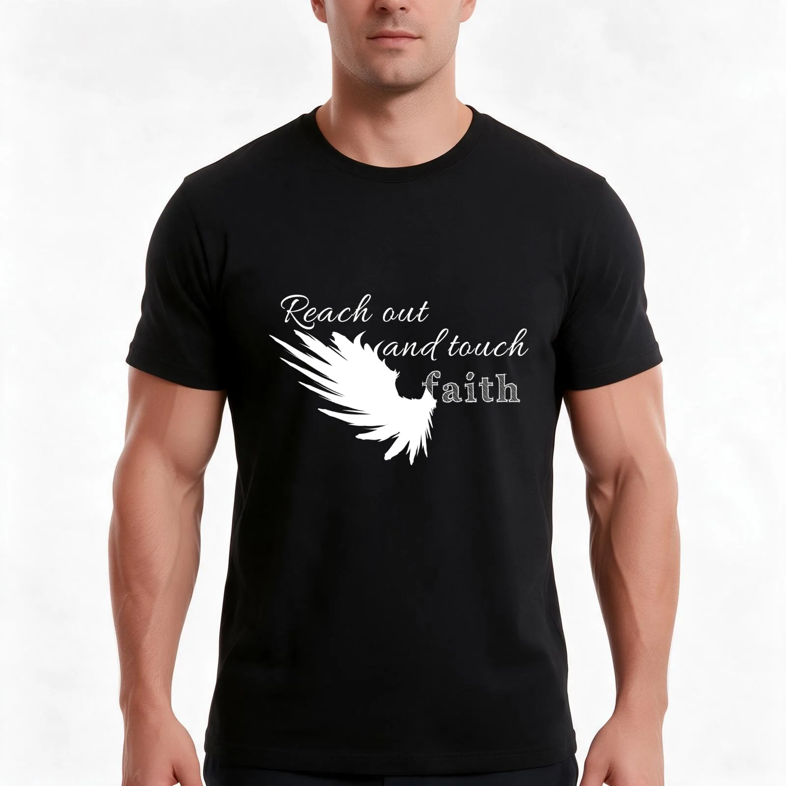 Reach out and touch faith -white T-Shirt, Summer Casual Cotton Tee, Oversized Streetwear Tops, Vintage Graphic Print
