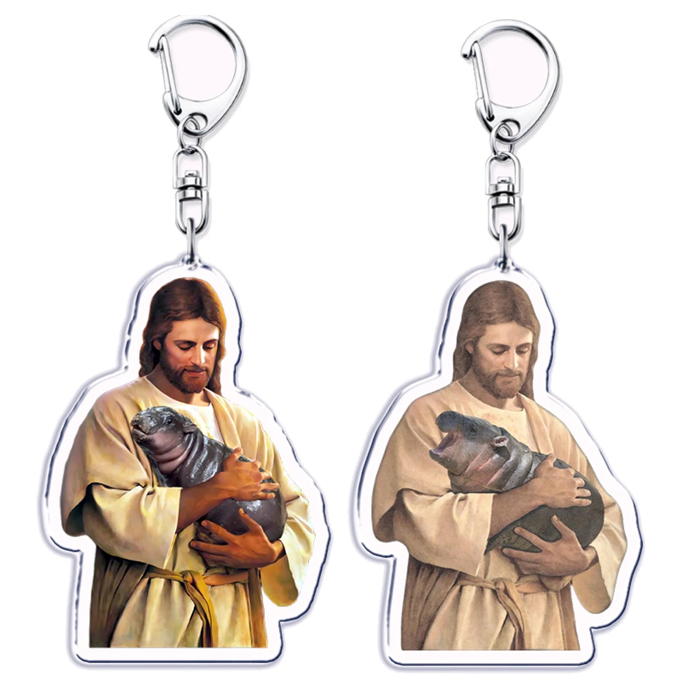 Jesus Love Moo Deng Meme Keychains Keyring for Accessories Bag Cute Pesto Penguin Pygmy Hippo Baby Keyrings Jewelry Fans Gifts