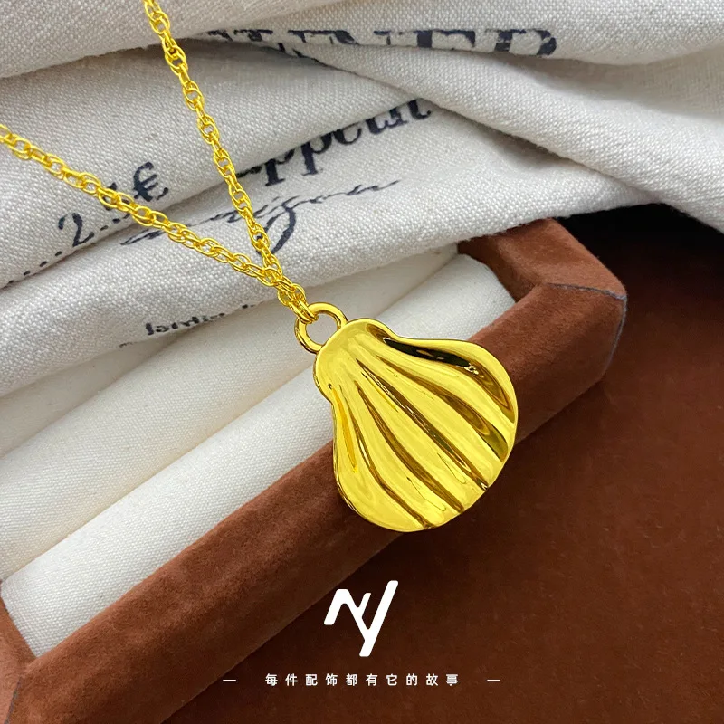 قلادة من الذهب الحقيقي عيار 24 قيراط مرصعة بالألماس على شكل مروحة حلوة عيار 9999 من الذهب الخالص مرصعة بالألماس قلادة على شكل صدفة معدنية