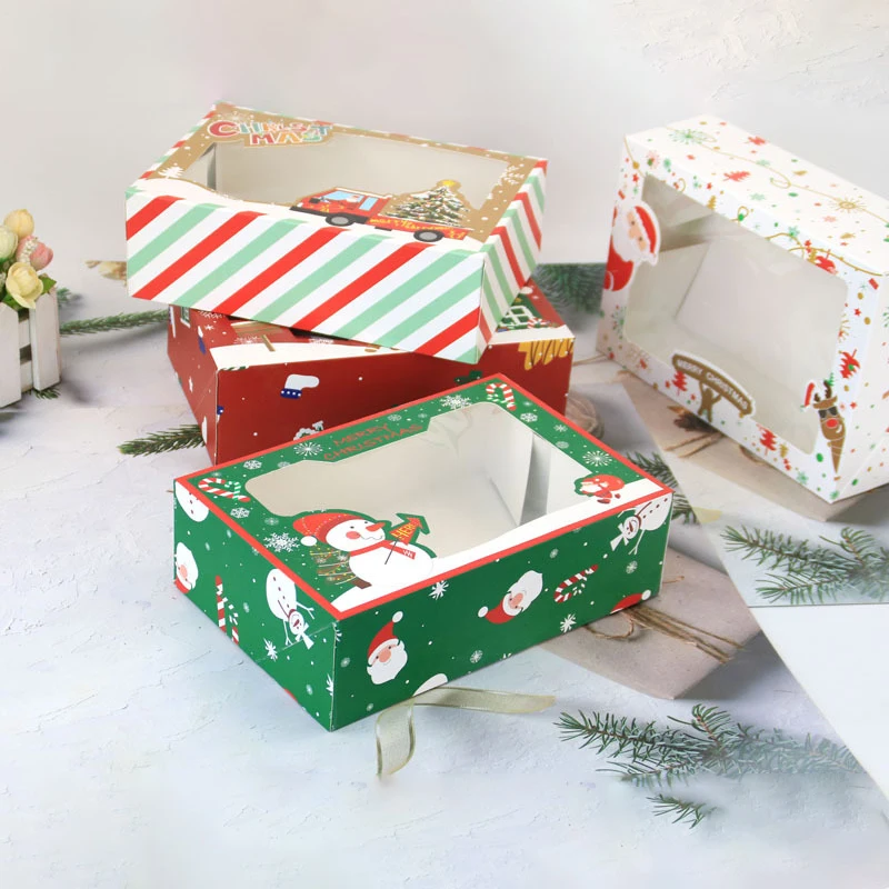 Christmas Cookie Boxes Doughnut Gift Boxes Bakery Box with Clear Window,Green and Red Holiday Designs with Xmas Ribbons for Gift