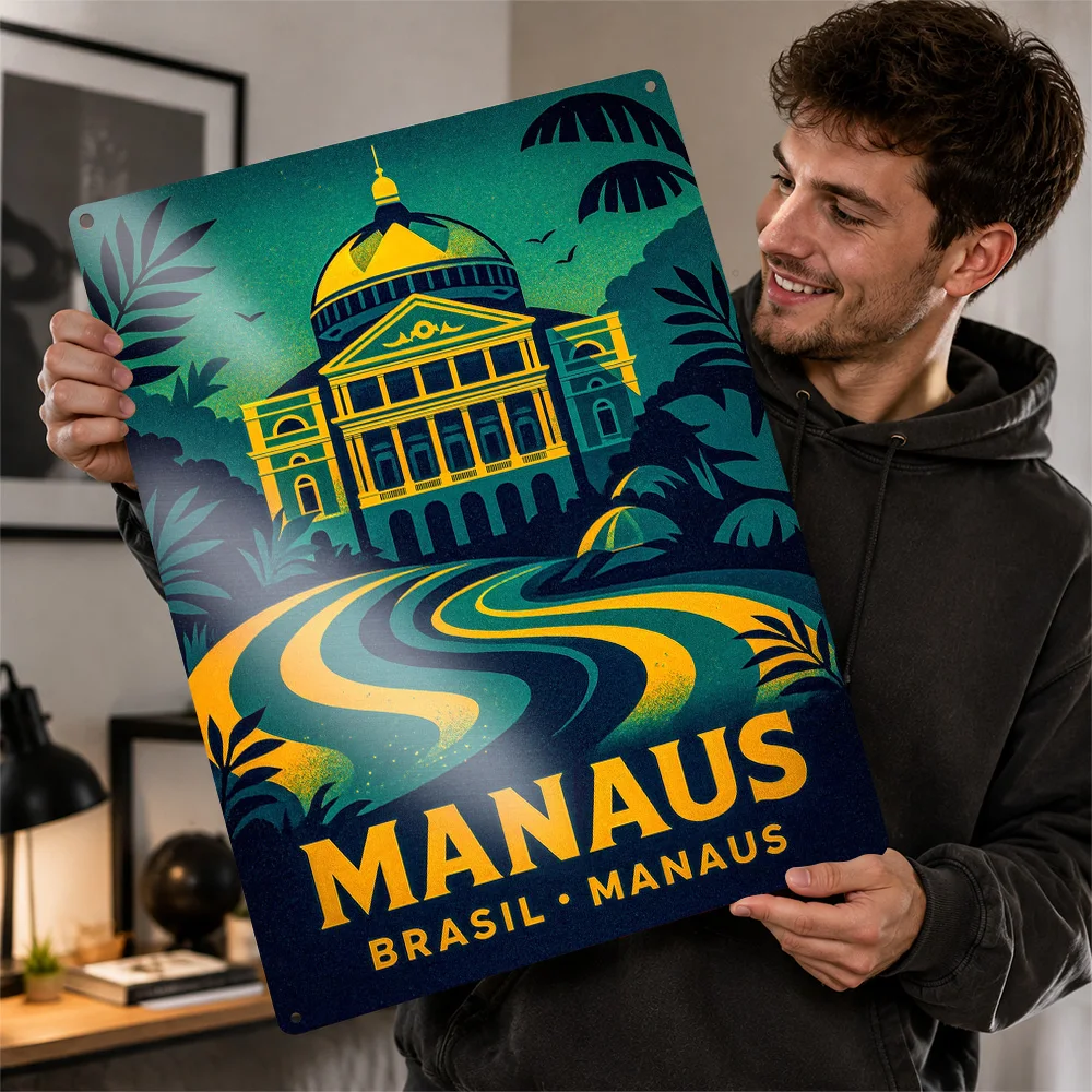 Manaus Brazil Travel Illustration Aluminum Poster Personalized Metal Sign Scenic Destination Wall Art Made For City Collectors