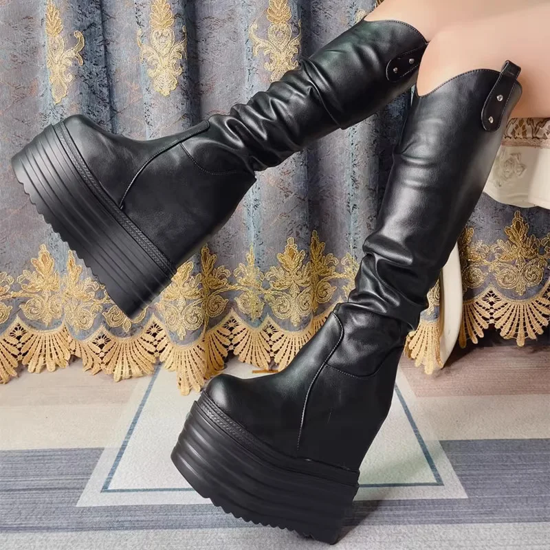 

Осень-зима 2022, женские высокие сапоги-трубы, увеличивающие рост, женские эластичные длинные сапоги на высоком каблуке и платформе с плюшевыми сапогами до середины икры