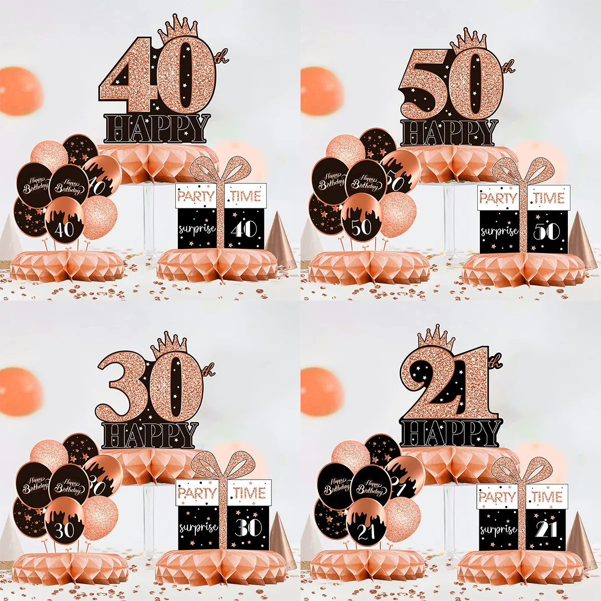 Black Rose Gold Birthday Honeycomb Set Happy 18 21 30 40 50 Year Old  Birthday Party Decor Adult Birthday Party Supplies