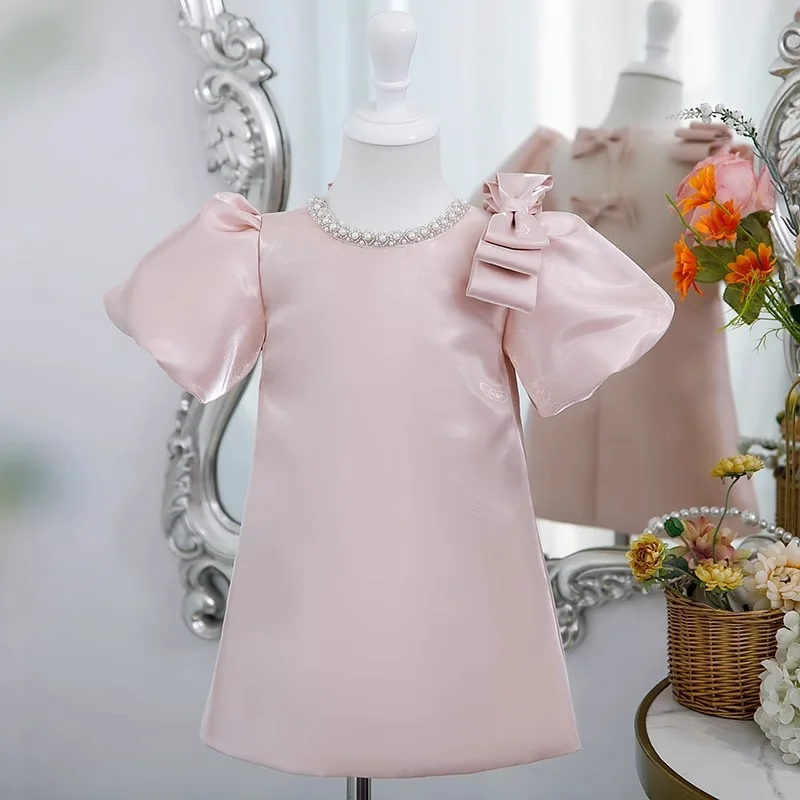 Pink Baby Girls Christening Gowns Dresses Newborn Baby Baptism Clothes Princess Beads Bow 1st Year Birthday  Christmas Costume