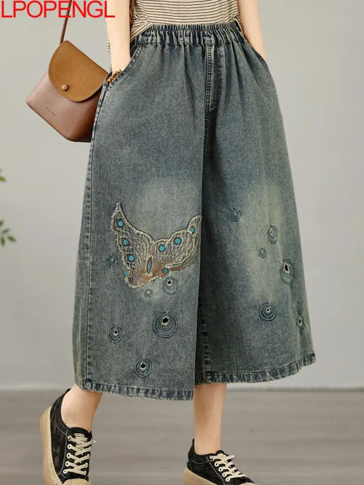 

2026 Fashionable Summer Embroidered Loose Washed Vintage Denim Wide Leg Pants Casual Women Elastic Waist Distress Straight Jeans