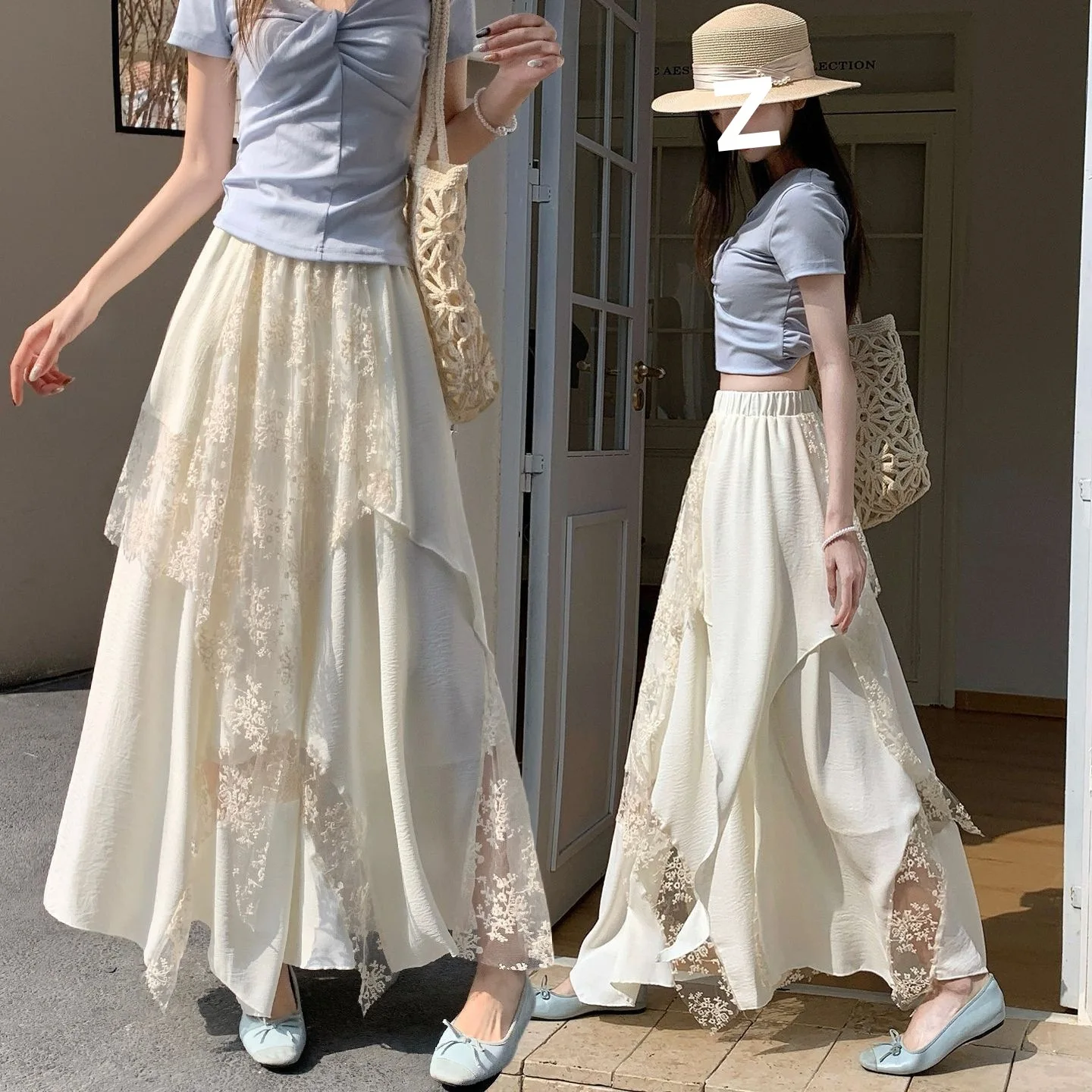 Women's Beige Black Lace Chiffon Maxi Skirt Elastic Waist Irregular Hem A-line Skirt Boho Beach Vacation Casual Summer Dress