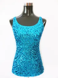 New Women Sequined Spaghetti Camisole Tank Tops Summer Clubwear Tops Sexy Round Neck Sequin Camis Vest Tops Blue
