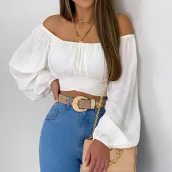 Lantern Sleeve Women Blouse Sexy Club Party Off Shoulder Puff Long Sleeve Crop Tops Summer Tube Tops Wrap Chest Short Tees