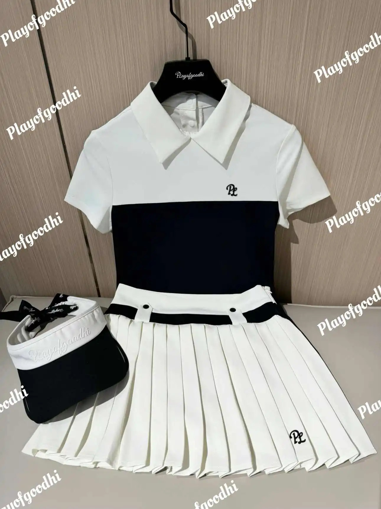 PL Golf Women Summer Short Sleeve Patchwork T-Shirt Sports Casual Top Polo Shirts for Ladies High Waist Pleated Skirt Set
