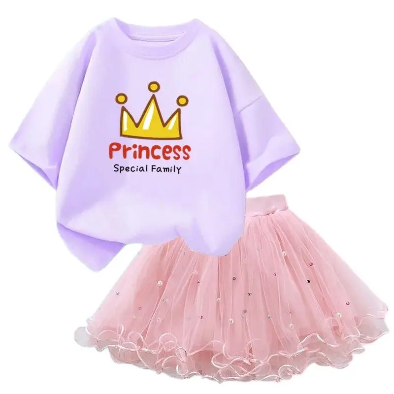 Crown Princess 2pcs TUTU Skirt Set Summer Kawaii T-shirt and Fluffy Tulle skirt Outfits Children Party Birthday Clothes