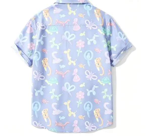 Cute Pastel Balloon Twist Animal Flower Pattern Unisex Short Sleeve Blouse Camp Collar Loose Vacation Shirt