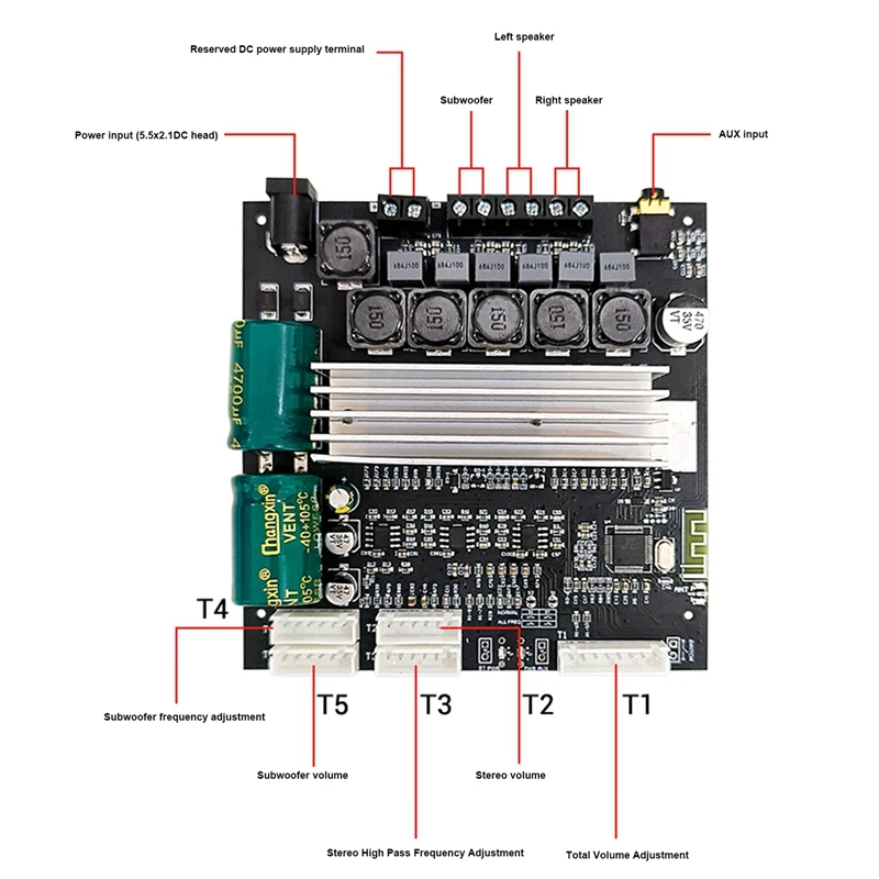 Placa amplificadora de Audio ZK-TB22P, amplificador externo de 2,1 canales, Bluetooth, TPA3116D2, 50W + 50W + 100W, potenciómetro de caja TWS