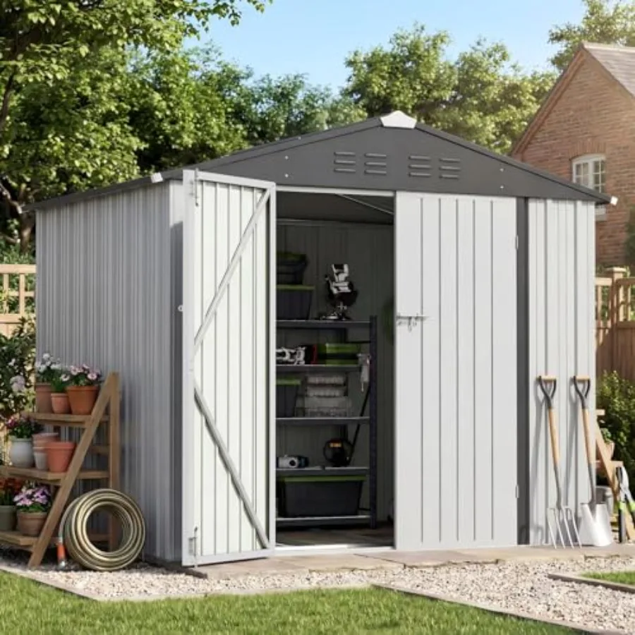 Outdoor storage shed for backyard garden use, made of waterproof steel with sloping roof, lockable door, and floor frame in gra
