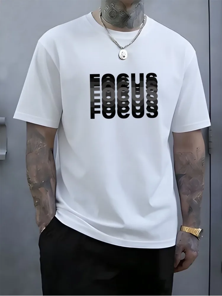 Mens Summer Crew Neck T Shirt Multi Layer FOCUS Letter Print Loose Oversized Short Sleeve Streetwear Casual White Top For Men