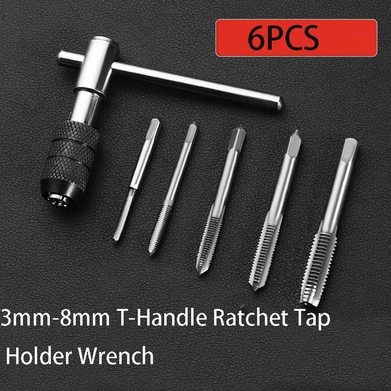 Adjustable T-Handle Ratchet Tap Holder Wrench Metric Screw Thread Plug T-shaped Tool with 5pcs M3-M8 3mm-8mm Machine Screw Plug