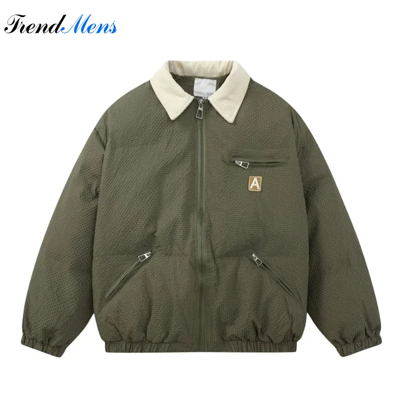 2023 Herfst/Winter Heren Vintage Revers Kraag Parka Effen Kleur Rits Casual Losse Jas Paar High Street Fashion Harajuku Top