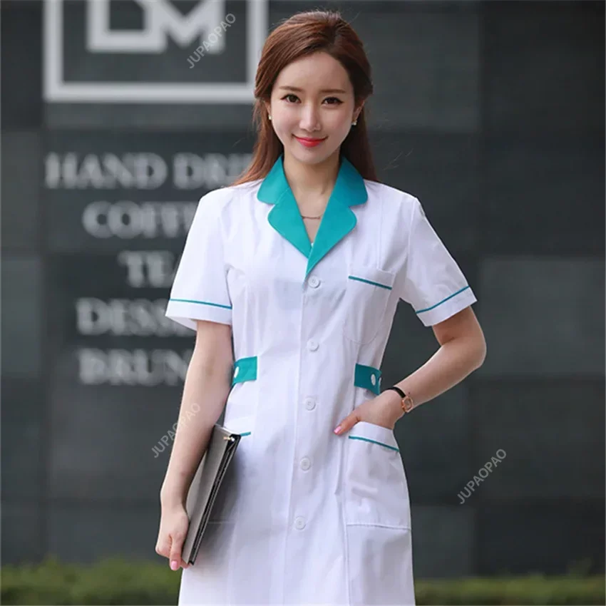 Nuovo camice da laboratorio da donna moda uniformi mediche giacca lunga con cinture laterali manica corta/manica lunga abbigliamento da lavoro farmacia cappotto bianco