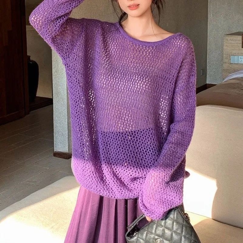 

Early Autumn Knitted Hollow Sunscreen Blouse