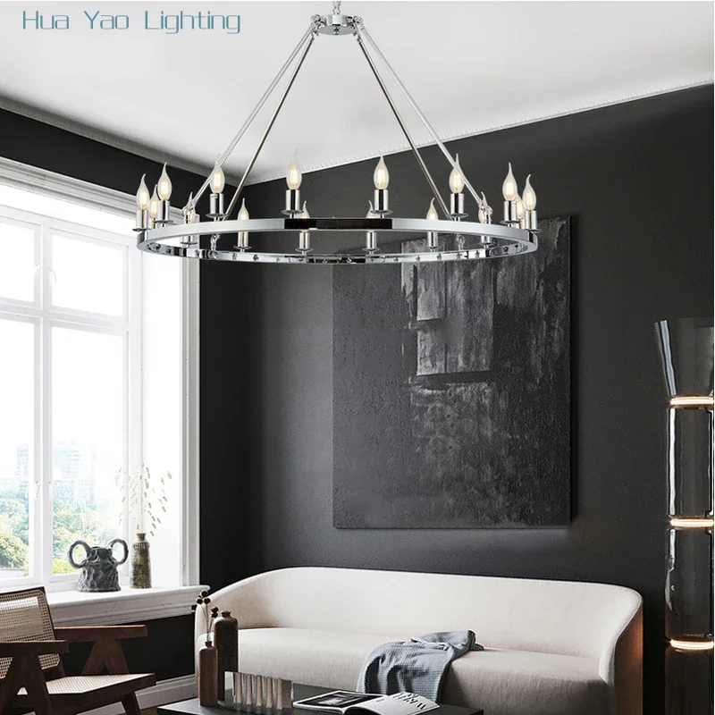 American wagon wheel chandelier light retro industrial candle hanging lamp for restaurant round ceiling pendant lamp W 39.3