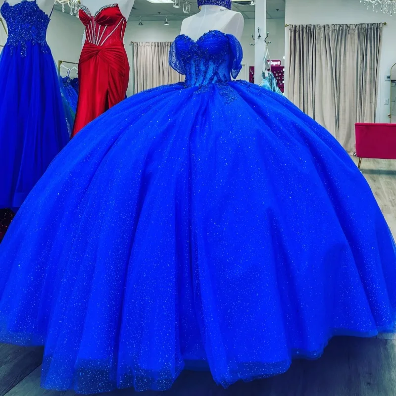 

Royal Black Shiny Quinceanera Dresses Ball Gown Off The Shoulder Applique Lace Beads Tull Corset Party Birthday Sweet 16 Dress