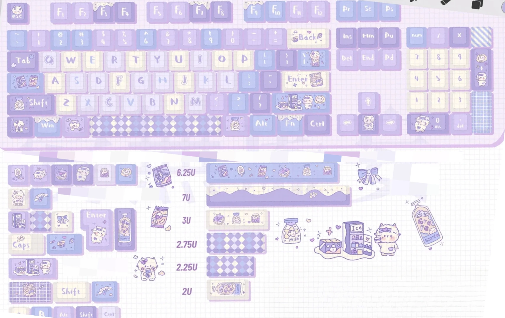 Sheep Snack Keycap All Five Sides Thermal Sublimation Pbt Eoa Cherry Cute Girls Plaid Purple Keycaps Alice Layout Split Spacebar