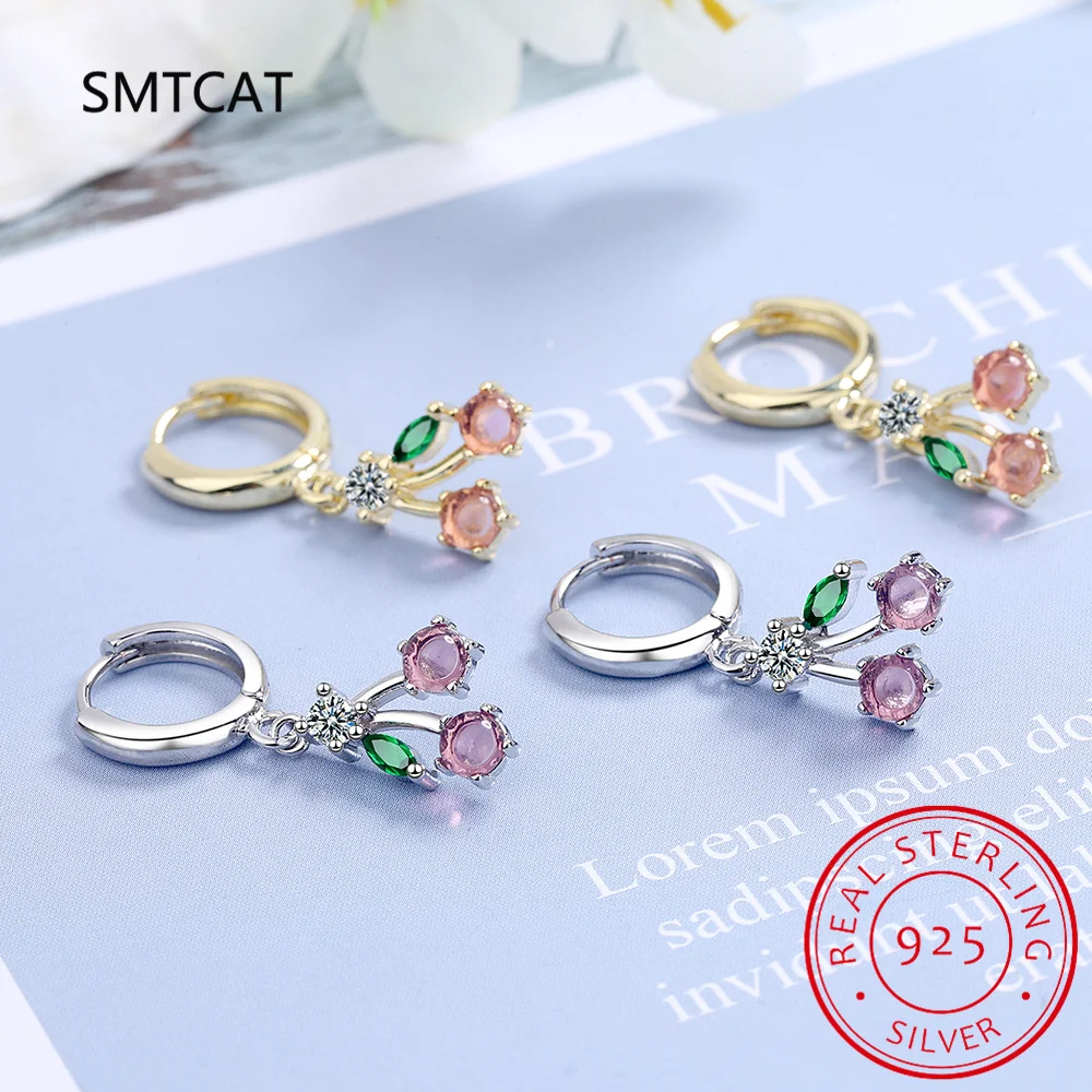 

Green Simulated Nano Emerald 925 Sterling Silver Fruit Cherry Hoop Earring for Women Fashion Statement Pink Gemstone Jewelry