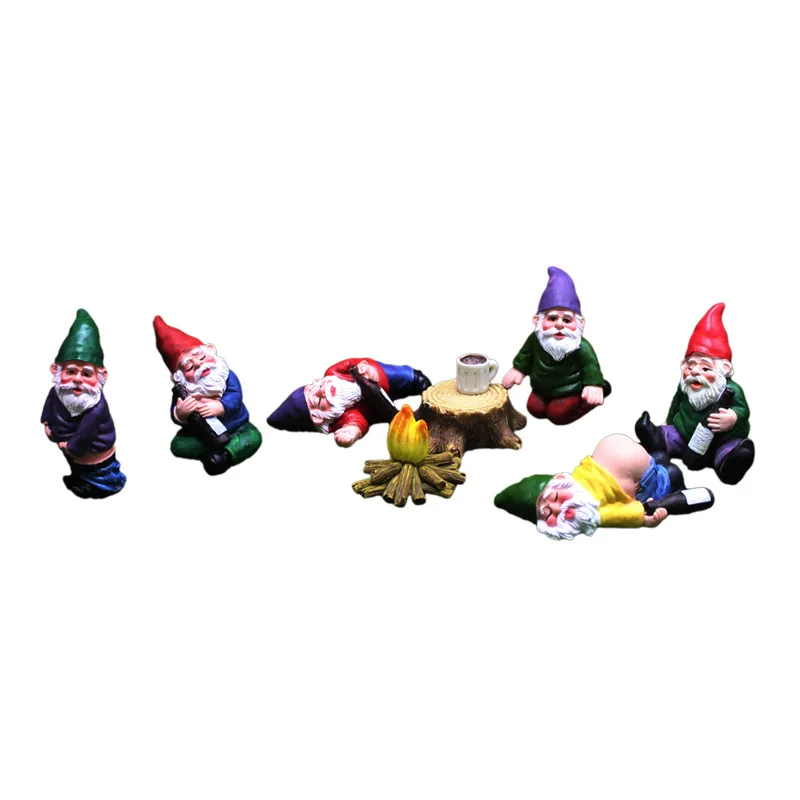5/6/9 Pcs Drunk Gnome Resin Set Mini Dwarf Campfire Statue Waterproof Fairy Tale Garden Outdoor Patio Lawn Landscape Decoration
