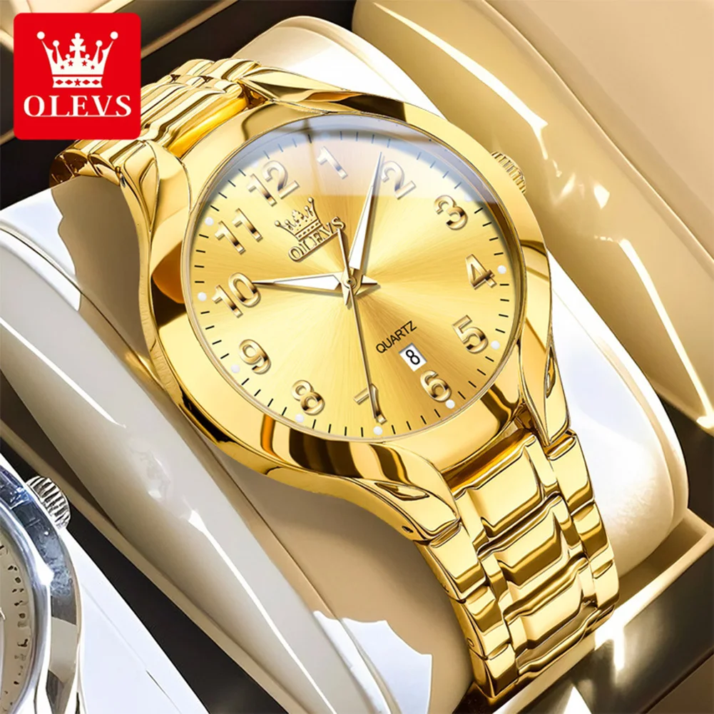 OLEVS Men's Watches 3650G Top Brand Luxury Gold Original Quartz Watch for Man Waterproof Luminous Date Arabic Numerals Dial relo
