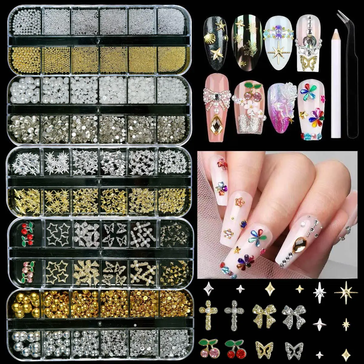

5 Boxes/Set Y2K Metal Bow Star Mini Bead Nail Charms Flat Bottom Resin Pearl Rhinestone Nail Art Decoration Parts For DIY Crafts