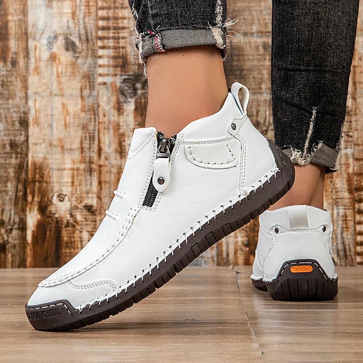 New Classic Handmade Leather Men's Shoes with Zipper Design Outdoor Sneakers Casual Flat Shoes Men Work Shoes Ankle Boots image 5