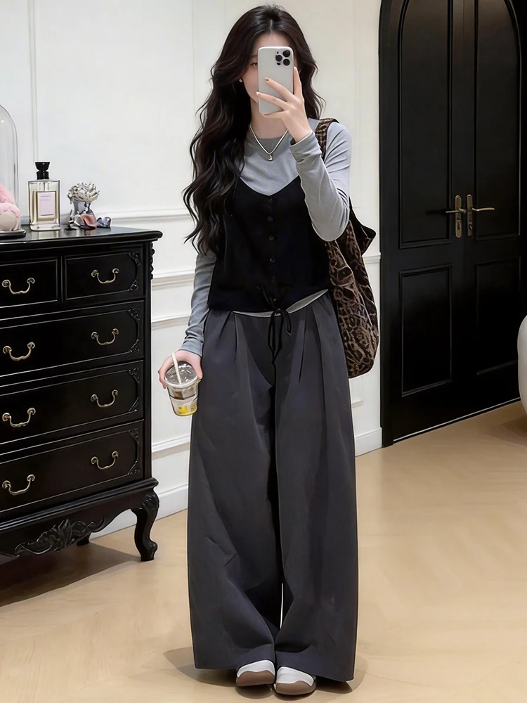 

Комплект из двух предметов Ele: вязаная футболка и брюки с широкими штанинами на высокой талии, повседневная одежда для женщин, весна 2026, простой дизайн, круглый вырез