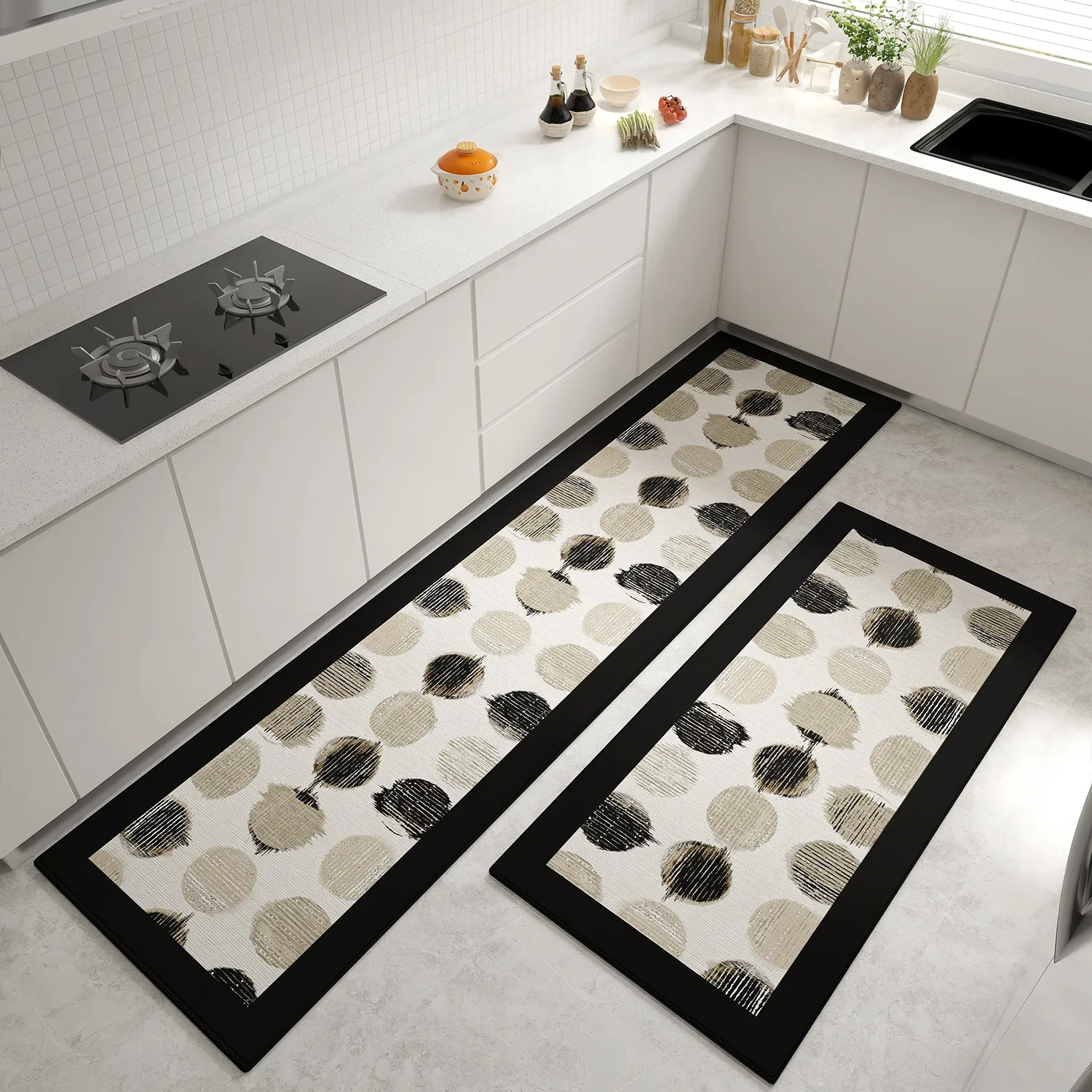 Floor Mat for Kitchen Long Strip Soft Loop Pile Carpet Non-slip Wear-resistant Mats Modern Black White Style Home Decoration Rug