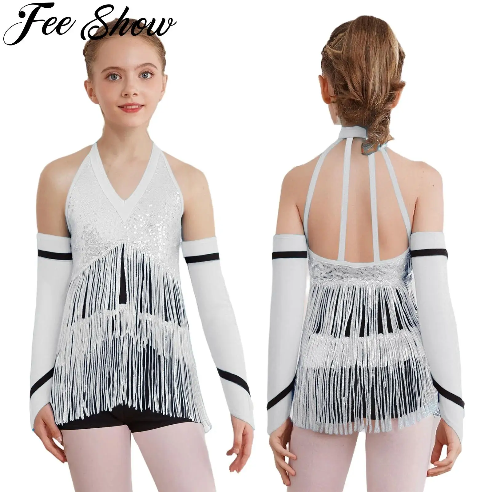 Niños Niñas Halter Sin Mangas Lentejuelas Borla Leotardo de Baile de Jazz Latino con Guantes Salón de Baile Tango Salsa Samba Traje de Rendimiento