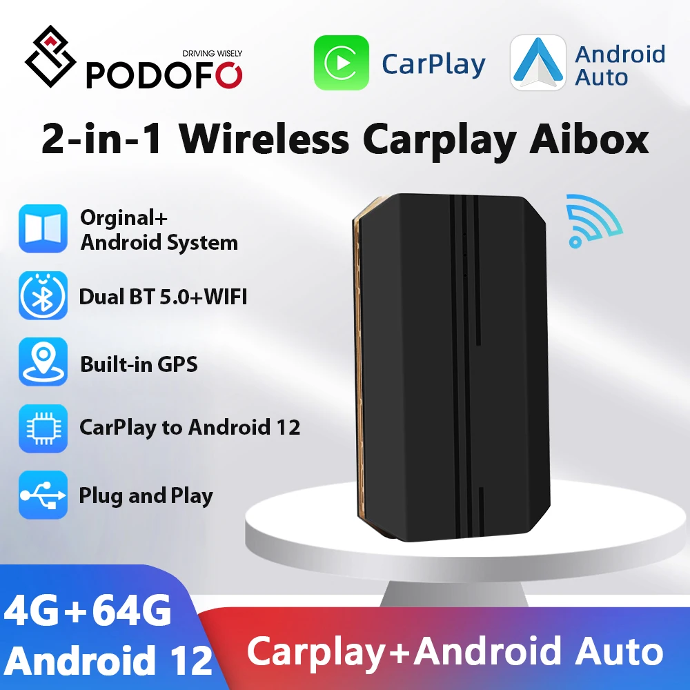 

Podofo 4+64G Wired To Wireless CarPlay Box Android 12 GPS Navigation Bluetooth Day And Night Mode Left/Right Hand Drive