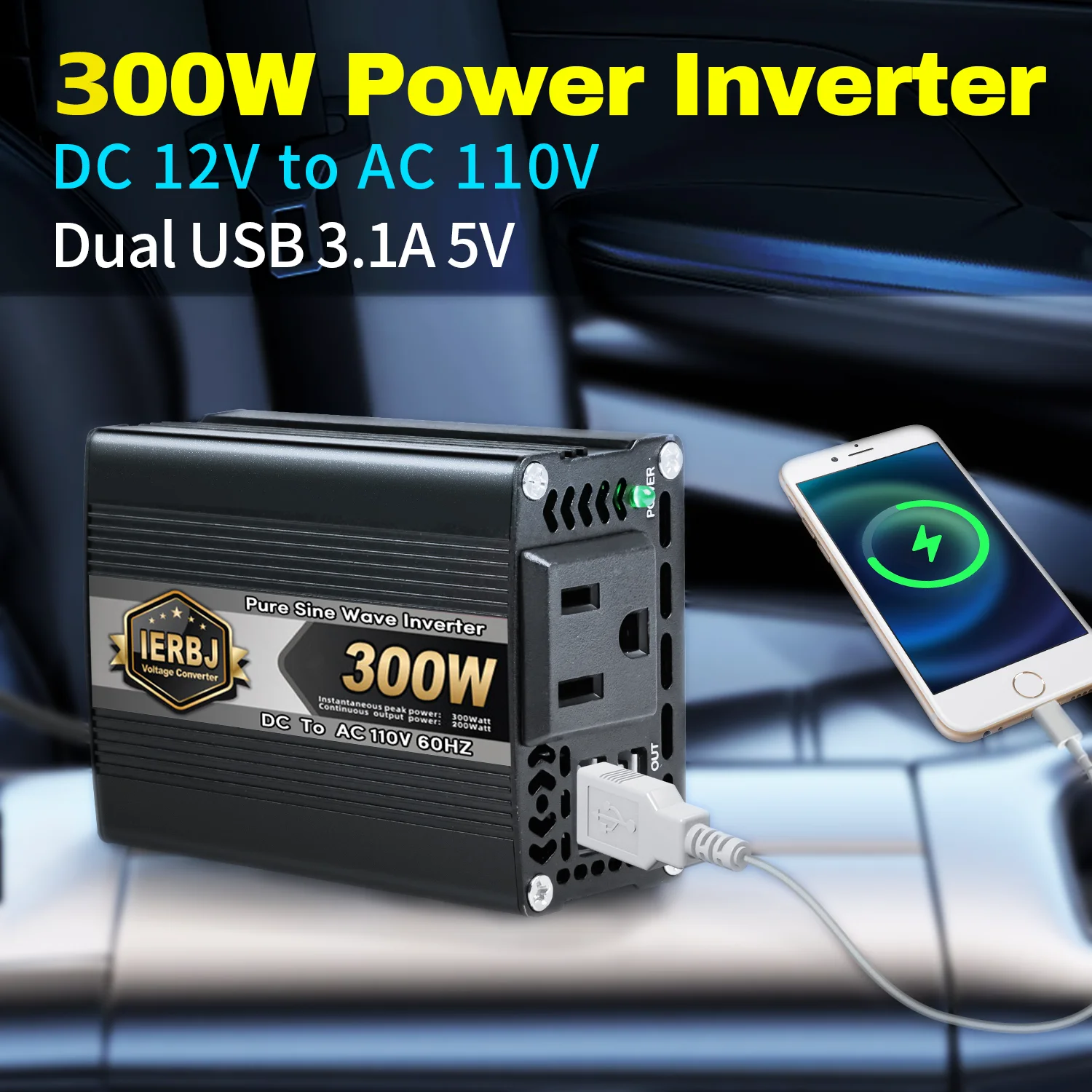 

300W inverter, 12V DC to 110V AC, with 3.1A dual USB ports, cigarette lighter, supports mobile phones, iPad， Laptop Charging