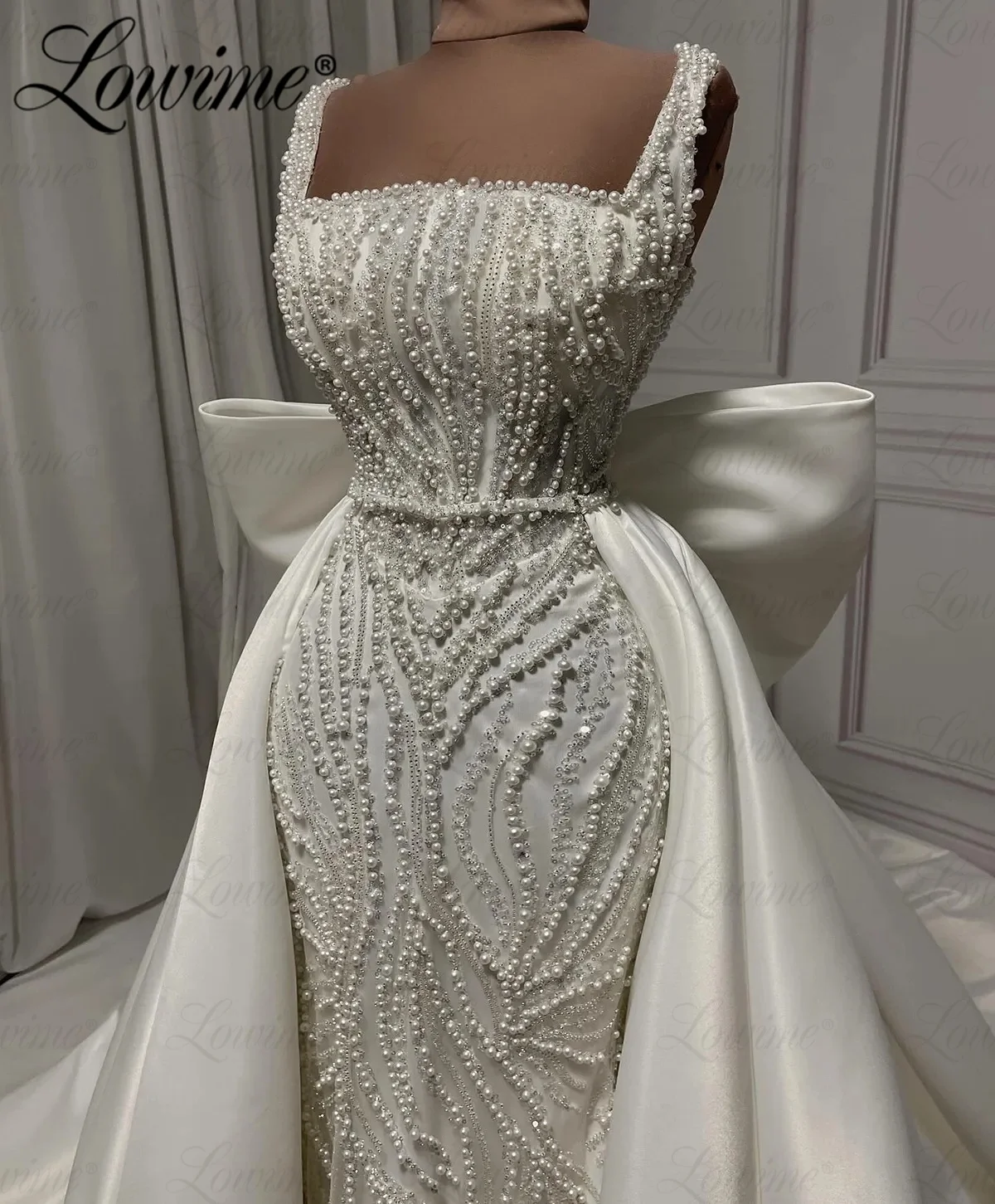 Pearl Beaded Bride Party Dress Aso Ebi Dress Customize Ivory Formal Evening Dresses Arabic Dubai With Detachable Train Prom Gown