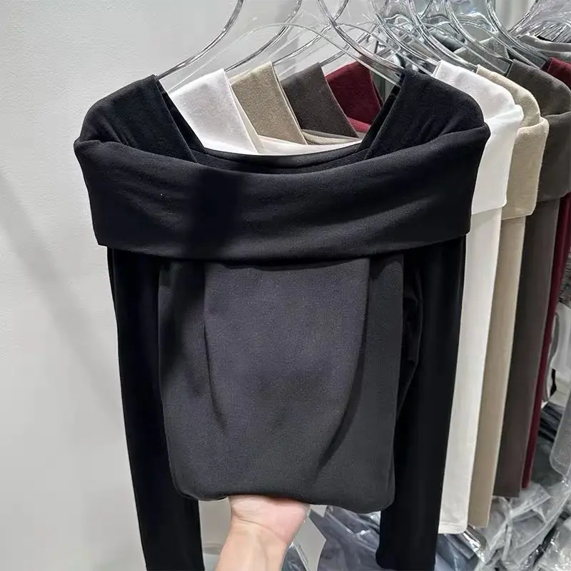 Autumn Winter Fleece Square Neck T-shirt&Blouses Elegant Solid Office Lady Long Sleeve Top Chic Sexy Sweet Casual Women Clothing