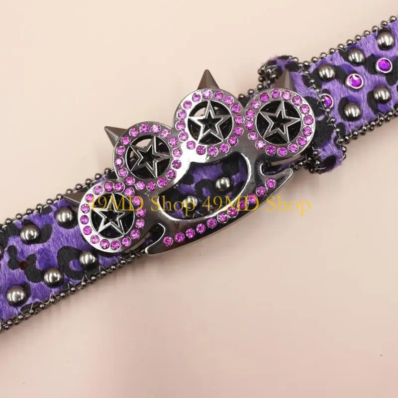 49MD PU Leather Waist Belt with Rhinestones and Leopard Pattern Western Charm Sash