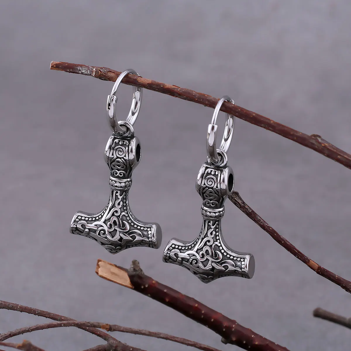 Fashion Vikings Thor\'s Hammer Earrings Stainless Steel Men\'s Nordic Celtic Hip Hop Amulet Accessory Vintage Anchor Jewelry Gift