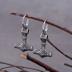 Fashion Vikings Thor's Hammer Earrings Stainless Steel Men's Nordic Celtic Hip Hop Amulet Accessory Vintage Anchor Jewelry Gift