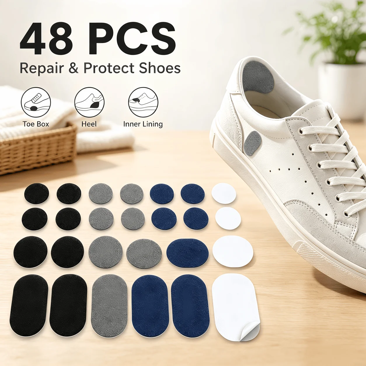 48Pcs Self-Adhesive Shoe Repair Patches, Anti-Wear Sneaker Heel Liner Stickers, Shoe Inner Lining & Toe Box Protector for Canvas