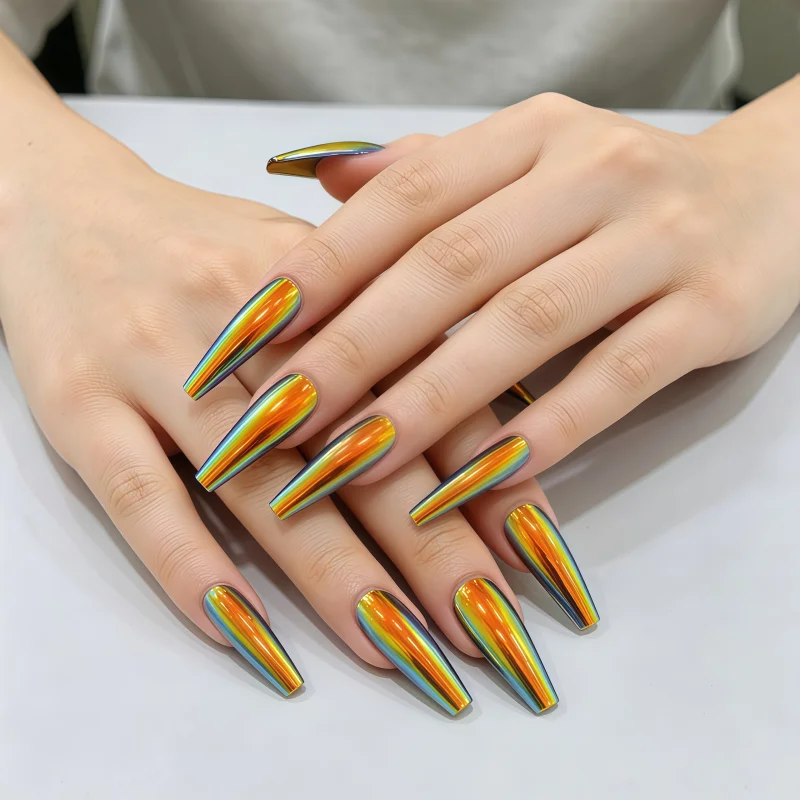 24PCS Long French Almond Press False Nails Pink Gradient Fake Nail Art with White Stripes Design Wearable Full Cover Nails Tips view 5